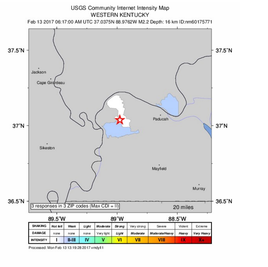 USGS M2.2 earthquake recorded near La Center, KY